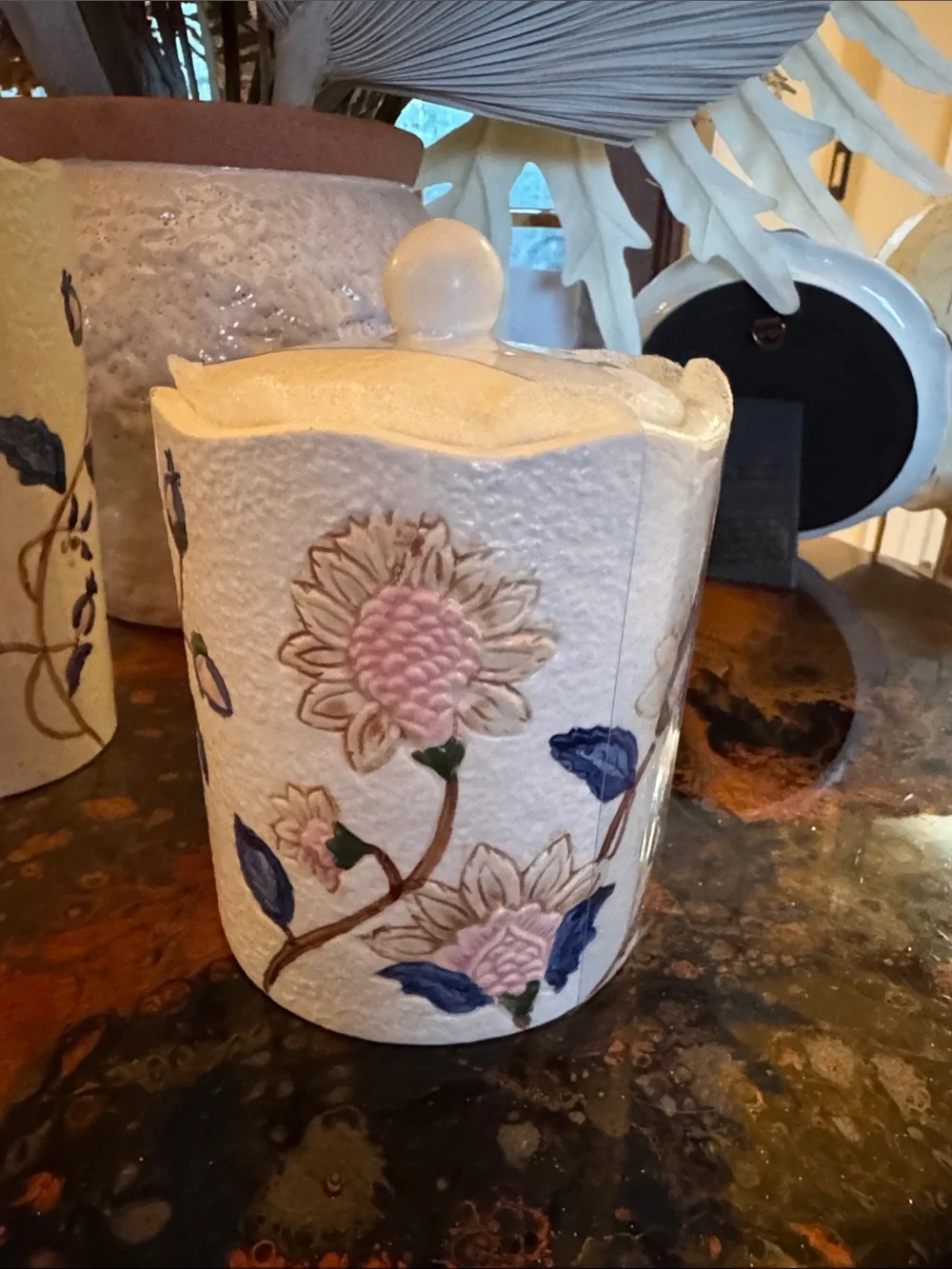 Floral Ceramic Soap Dispenser & Canister Set